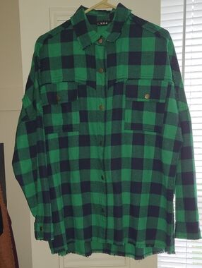 J.NNA PEACE Green & Navy Lightweight Buffalo Plaid Snap Button Top Oversized New
